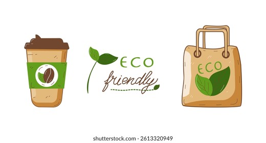 Eco friendly pack: reusable bag and coffee mug. Set for the concept Zero Waste, eco friendly lifestyle. Isolated icons on a white background 