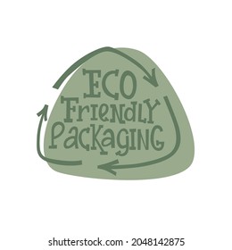 Eco friendly packaging handwritten sign of eco friendly, natural and organic labels for print packaging biodegradable, sustainable products. Lettering stock illustration isolated on white background. 