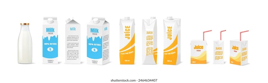 Eco friendly packaging for milk and juice realistic vector illustration set. Recyclable packs for drinks 3d objects on white background