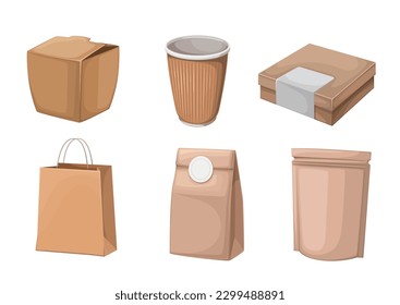 Las bolsas de papel y los paquetes ecológicos constituyen una ilustración vectorial. Casilla de regalo de cartón para embarcaciones aisladas y bolso con mangos, vista frontal de la taza de café de papel y embalaje de la tienda de reciclaje