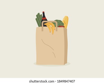 Eco friendly paper package with healthy groceries isolated on light. Brown pack with handle full of purchases. Packet for tasty food - vegetables, fruit and bottle of wine or oil.Vector illustration