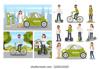 Eco Friendly People Character Protecting Environment Using Alternative Electric Transport Big Vector Set