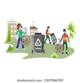 Eco friendly people garbage collector.Man with waste.People sort garbage by type into containers for recycling. Ecology concept. Flat vector illustration. Care garbage separation people sorting.