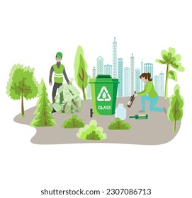Eco friendly people garbage collector.Man with waste.People sort garbage by type into containers for recycling. Ecology concept. Flat vector illustration. Care garbage separation people sorting.