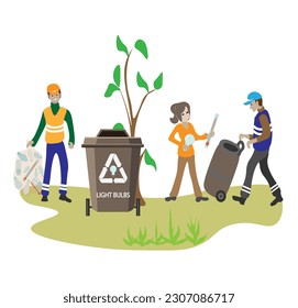 Eco friendly people garbage collector.Man with waste.People sort garbage by type into containers for recycling. Ecology concept. Flat vector illustration. Care garbage separation people sorting.