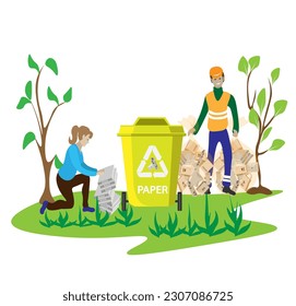 Eco friendly people garbage collector.Man with waste.People sort garbage by type into containers for recycling. Ecology concept. Flat vector illustration. Care garbage separation people sorting.