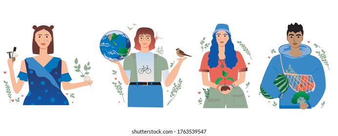El concepto de basura cero y los jóvenes con cuidados de belleza reutilizables, ecologización del planeta y el veganismo. Ilustración plana vectorial con conjunto de conceptos para salvar el planeta. Aislado sobre fondo blanco