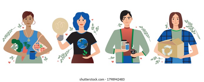 Eco friendly people isolated. Flat vector stock illustration. Zero waste concept, eco-friendly, save the planet, vegan. Illustration with people eco-friendly lifestyle. Zero waste bag, ecology vegan