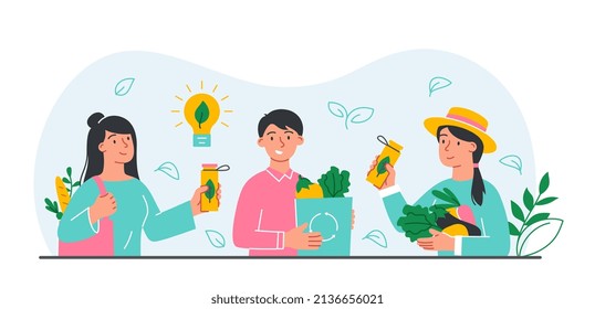 Eco friendly people. Men and girls with vegetables and fruits. Agriculture and farmers. Harvesting, vegetarians and natural and organic products. Ecology protection. Cartoon flat vector illustration