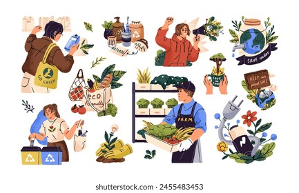 Eco friendly people protect environment set. Ecofriendly life. Activists care about Earth ecology, save nature, planet. Ecologists sorting, recycle waste. Flat isolated vector illustration on white