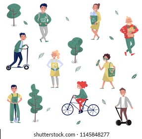 Eco friendly people set, man and woman protecting the environment, using alternative transport, collecting waste vector Illustrations on a white background