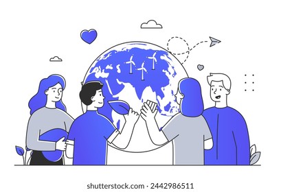 Eco friendly people simple. Men and woman near globe. Sustainable and zero waste lifestyle. Reducing release of hazardous waste. Doodle flat vector illustration isolated on white background