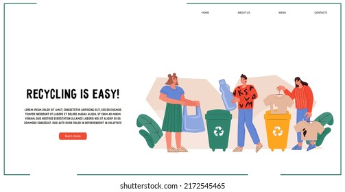 Umweltfreundliche Menschen beim Sortieren von Abfällen zum Recycling und zur Wiederverwendung. Speichern Sie das Planet- und Umweltkonzept für Website-Vorlage, flache Vektorgrafik auf Weiß.