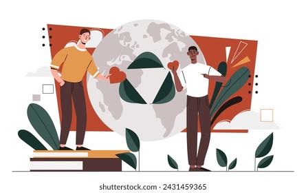Umweltfreundliche Menschen. Zwei Männer in der Nähe von Planet mit Herzen. Aktivisten und Freiwillige. Sorge um Natur und Umwelt. Verringerung der Freisetzung schädlicher Abfälle in die Atmosphäre. Cartoon flache Vektor-Illustration