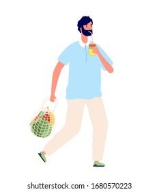 Eco friendly person. Man using sustainability bag and refillable mug. Products for green lifestyle. Vector saving environment illustration