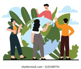 Eco friendly person. People take care of earthly shapre. Responsible community solves global problems, characters plant trees. Metaphor of volunteer work, society. Cartoon flat vector illustration