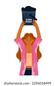Eco friendly person. Smiling girl holding bucket of compost or soil fertilizer. Farming and sustainable lifestyles. Care for nature. Cartoon flat vector illustration isolated on white background