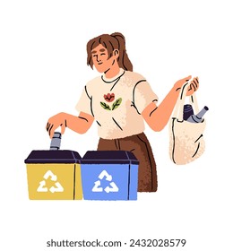 Eco friendly person sorting different type of waste into containers. Woman throw out plastic bottles in dustbin. Girl separate rubbish into dumpster. Flat isolated drawing vector illustration on white