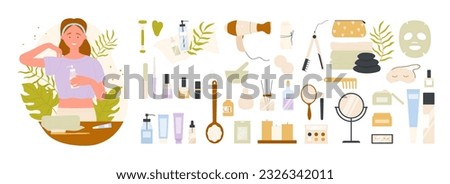 Eco friendly personal care, hygiene products and tools set vector illustration. Cartoon isolated woman holding cosmetic bottle for healthy skin routine, infographic skincare stickers for cleanliness
