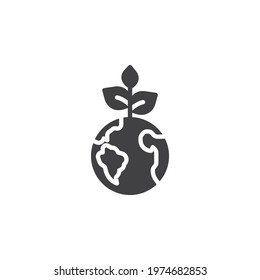 Eco friendly planet vector icon. filled flat sign for mobile concept and web design. Earth planet with plant glyph icon. Symbol, logo illustration. Vector graphics