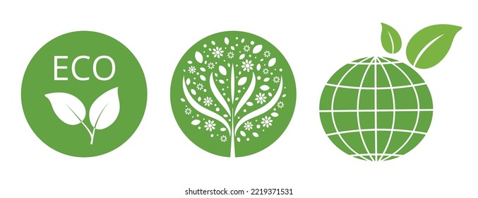 Eco friendly planet vector icons collection with ecology protection idea. Green globe environment concept design set