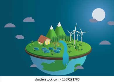 Eco Friendly Planet. Wind Turbines and Solar Panels on the World.