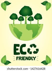 eco friendly planet wit trees leaves take care the environment vector illustration