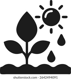 Eco friendly plant growing silhouette with sun and water droplets icon