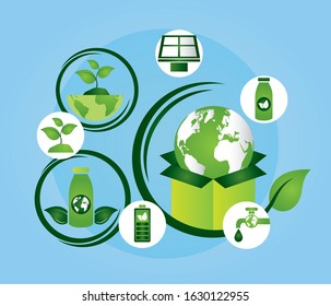 eco friendly poster with earth planet and set icons vector illustration design