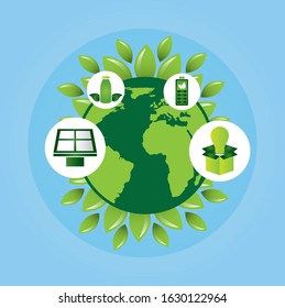 eco friendly poster with earth planet and set icons vector illustration design