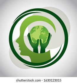 eco friendly poster with earth planet and human profile vector illustration design