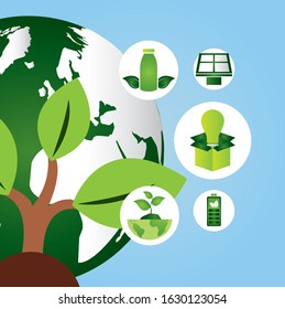 eco friendly poster with earth planet and set icons vector illustration design