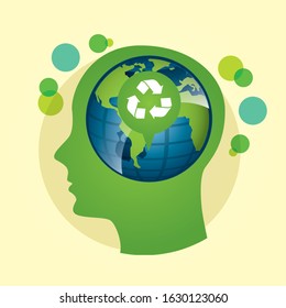 eco friendly poster with earth planet and human profile vector illustration design