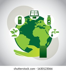 eco friendly poster with earth planet and set icons vector illustration design