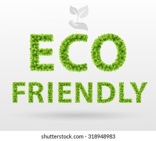 Afiche de Eco Friendly. Hojas verdes con letras.