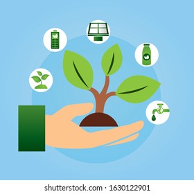 eco friendly poster with hand lifting plant vector illustration design