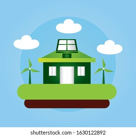 eco friendly poster with house and windmill energy vector illustration design