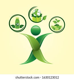 eco friendly poster with human figure and set icons vector illustration design