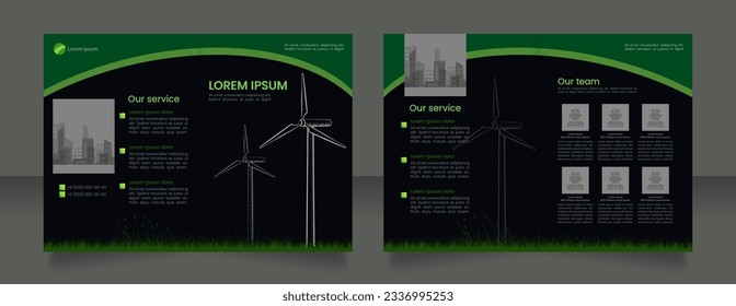 Eco friendly power generation bifold brochure template design. Wind energy station. Half fold booklet mockup set with copy space for text. Editable 2 paper page leaflets. Poppins font used