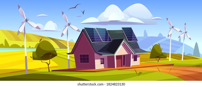 Eco friendly power generation, green energy concept. House with solar panels on roof and wind turbines. Vector cartoon landscape with modern cottage and windmills