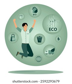 Eco Friendly Practices concept.  Men promoting environmental awareness, surrounded by representing green living, sustainability, and renewable energy. Flat vector modern illustration 