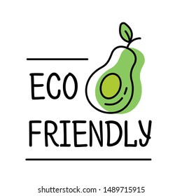 Eco friendly product label logo in line style with green avocado text, design template for packaging, vector illustration
