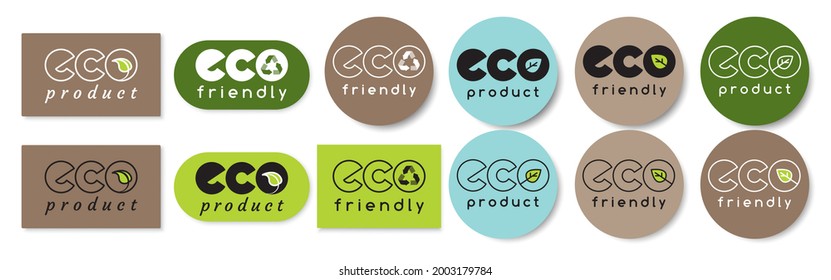 
Eco friendly product text badge, stamp, logo, sticker with green leaf. Linear style, outline letters vector design in white, black, green, recycled paper colors. Rounded, rectangle frames background.