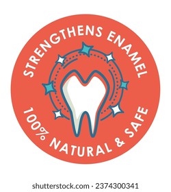 Productos ecológicos con ingredientes libres de sustancias químicas para fortalecer y proteger el esmalte dental de ataques bacterianos y de ácido diarios. Higiene oral profesional. Vector del logotipo de dientes aislados en estilo plano