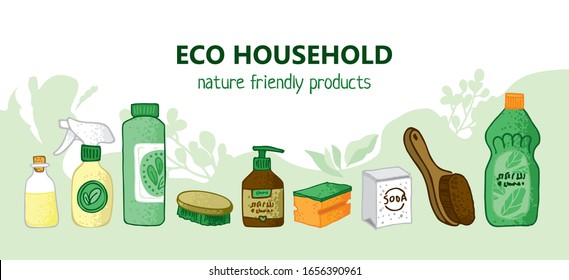 Eco Friendly Products For House Cleaning. Bottles, Jars, Soap, Spray, Soda, Brushes For Labels And Promos. Banner For The Non-toxic Cleaning Service. Concept Of Green House. Flat Vector Illustration.