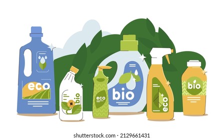 Productos ecológicos para la limpieza de la casa o el lavado de ropa. Detergentes limpiadores para el hogar con ingredientes a base de plantas. Producto natural orgánico del hogar. Botellas y spray para el servicio de limpieza