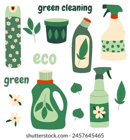 Eco friendly products for house cleaning. Bottles, jars,  spray, cleaning agent. Household organic product.