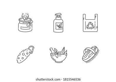 Produits écologiques jeu d'icônes linéaires. Zéro gaspille des symboles de contour de ligne mince personnalisables. Produits cosmétiques organiques, sac réutilisable et produits écologiques essentiels, illustrations vectorielles isolées. Barrage modifiable