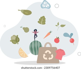 Eco friendly products with recyclable and organic packaging tiny person concept.Grocery items from zero waste shops as natural.flat vector illustration.
