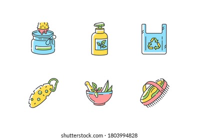 Produits écologiques jeu d'icônes couleur RVB. Un mode de vie durable, zéro gaspillage. Produits cosmétiques organiques, sac réutilisable et produits essentiels à l'environnement, illustrations vectorielles isolées